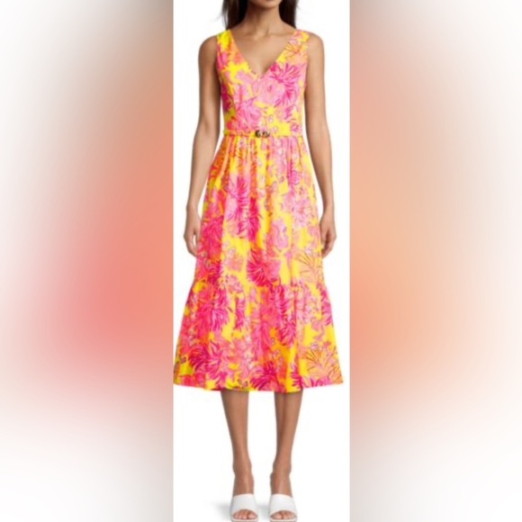 LILLY PULITZER Bri V Neck calla yellow floral coral Midi Dress. Size 2 NWT - Picture 15 of 15